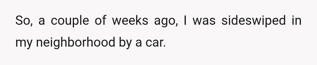 So, a couple of weeks ago, I was sideswiped in my neighborhood by a car.