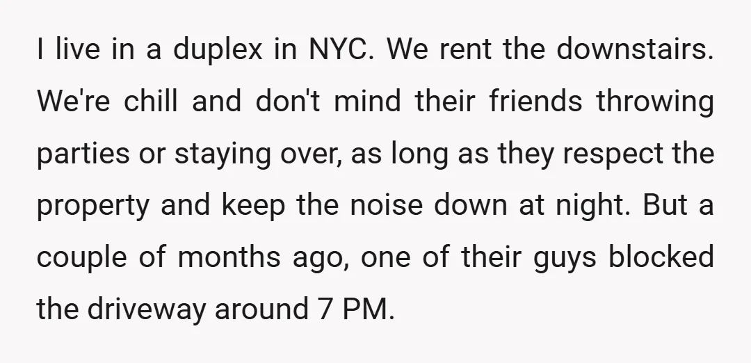 I live in a duplex in NYC. We rent the downstairs. We're chill and don't mind their friends throwing parties or staying over, as long as they respect the property...