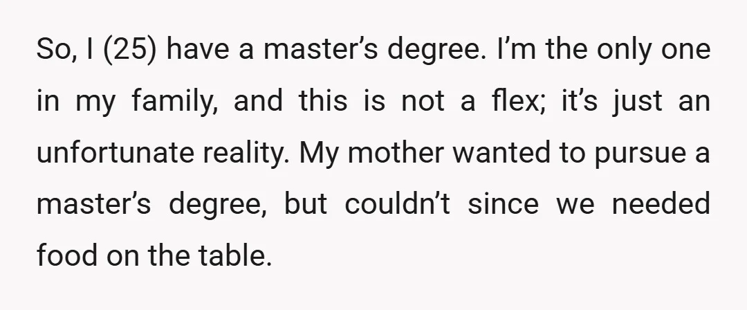 So, I (25) have a master’s degree. I’m the only one in my family, and this is not a flex; it’s just an unfortunate reality. My mother wanted to pursue...