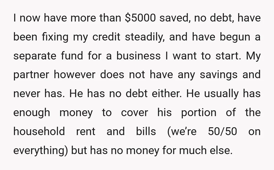 I now have more than $5000 saved, no debt, have been fixing my credit steadily, and have begun a separate fund for a business I want to start. My partner...