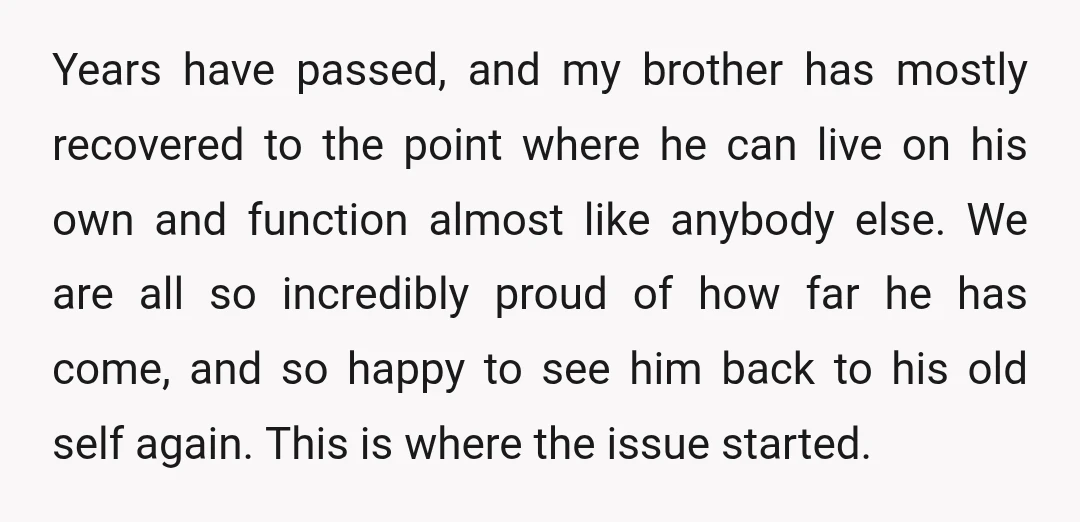 Years have passed, and my brother has mostly recovered to the point where he can live on his own and function almost like anybody else. We are all so incredibly...
