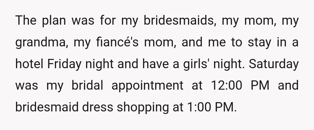 The plan was for my bridesmaids, my mom, my grandma, my fiancé's mom, and me to stay in a hotel Friday night and have a girls' night. Saturday was my...