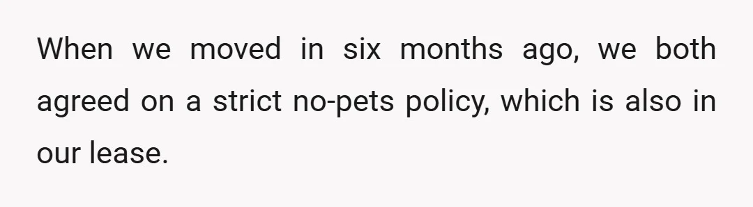 When we moved in six months ago, we both agreed on a strict no-pets policy, which is also in our lease.