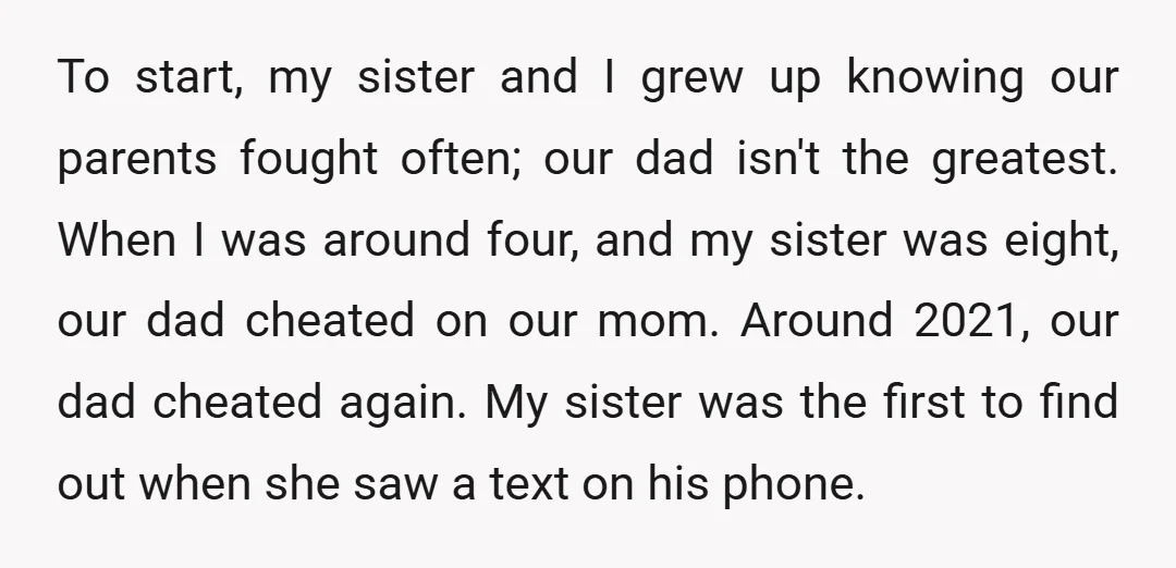 To start, my sister and I grew up knowing our parents fought often; our dad isn't the greatest. When I was around four, and my sister was eight, our dad...