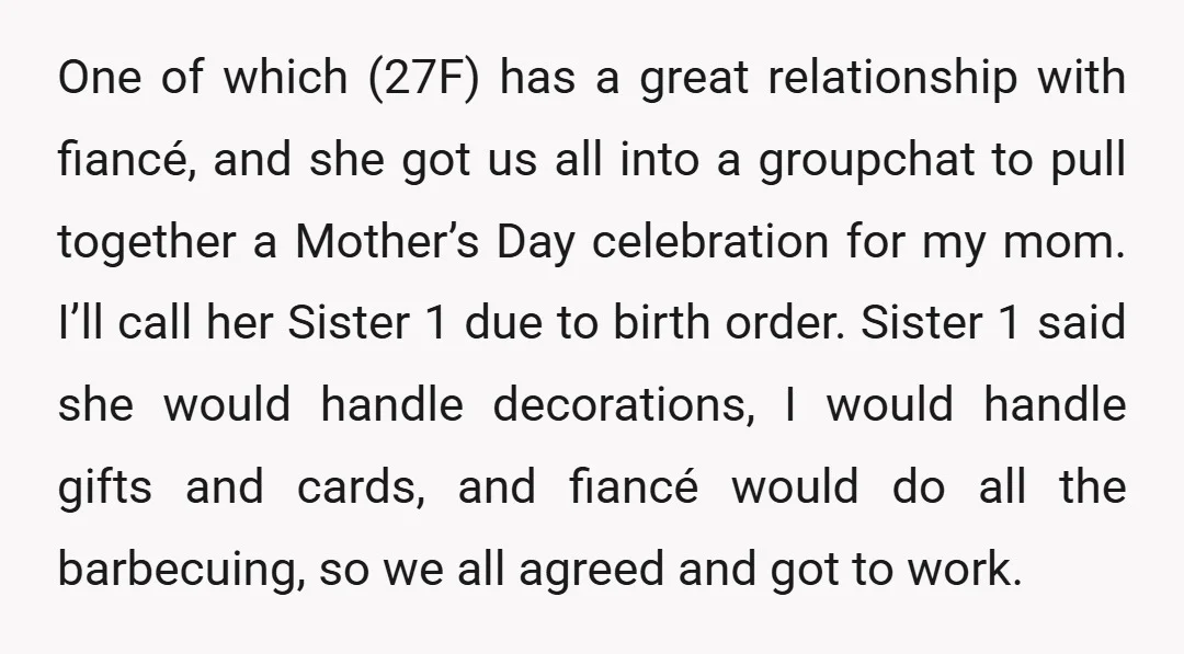 One of which (27F) has a great relationship with fiancé, and she got us all into a groupchat to pull together a Mother’s Day celebration for my mom. I’ll call...