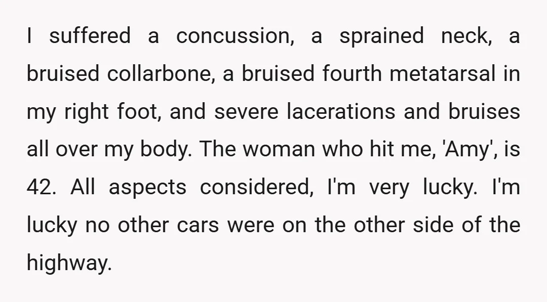 I suffered a concussion, a sprained neck, a bruised collarbone, a bruised fourth metatarsal in my right foot, and severe lacerations and bruises all over my body. The woman who...