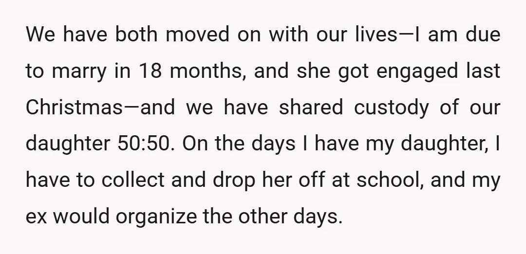 We have both moved on with our lives—I am due to marry in 18 months, and she got engaged last Christmas—and we have shared custody of our daughter 50:50. On...