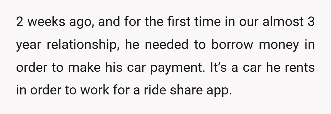 2 weeks ago, and for the first time in our almost 3 year relationship, he needed to borrow money in order to make his car payment. It’s a car he...