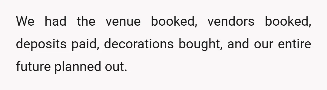 We had the venue booked, vendors booked, deposits paid, decorations bought, and our entire future planned out.