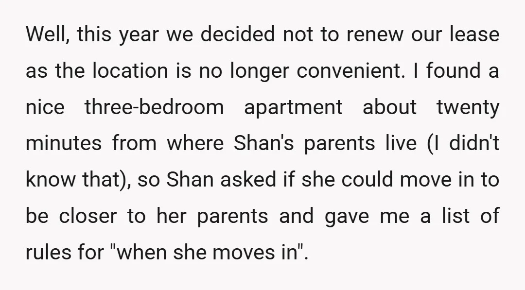 Well, this year we decided not to renew our lease as the location is no longer convenient. I found a nice three-bedroom apartment about twenty minutes from where Shan's parents...