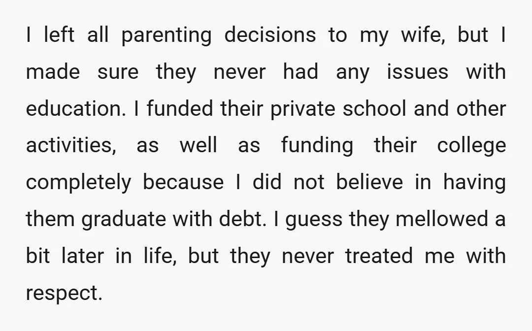 I left all parenting decisions to my wife, but I made sure they never had any issues with education. I funded their private school and other activities, as well as...