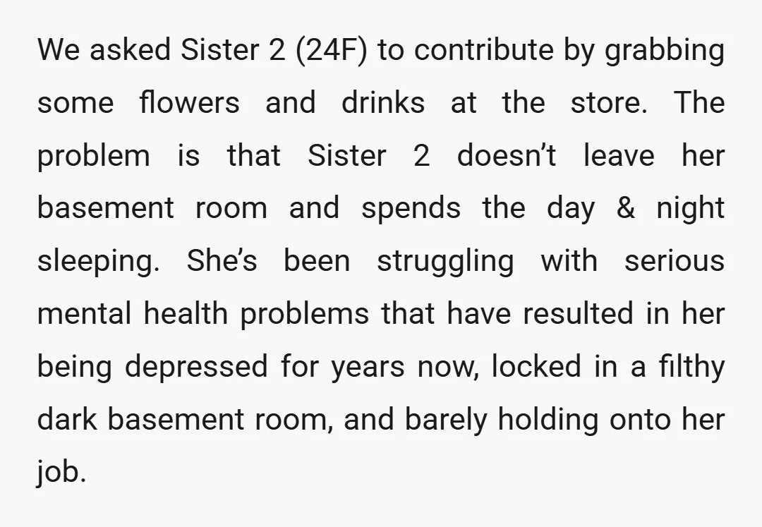 We asked Sister 2 (24F) to contribute by grabbing some flowers and drinks at the store. The problem is that Sister 2 doesn’t leave her basement room and spends the...