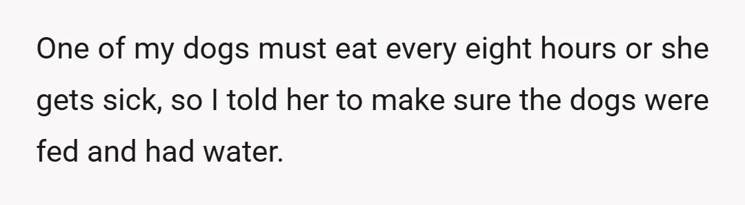 One of my dogs must eat every eight hours or she gets sick, so I told her to make sure the dogs were fed and had water.