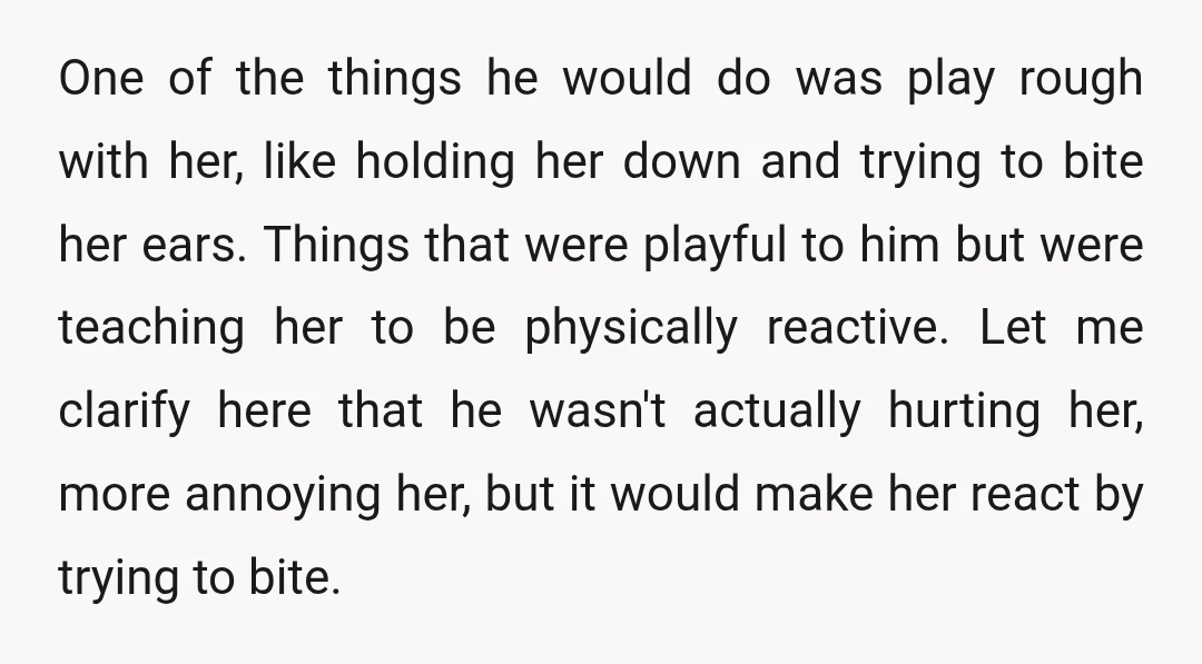 One of the things he would do was play rough with her, like holding her down and trying to bite her ears. Things that were playful to him but were...