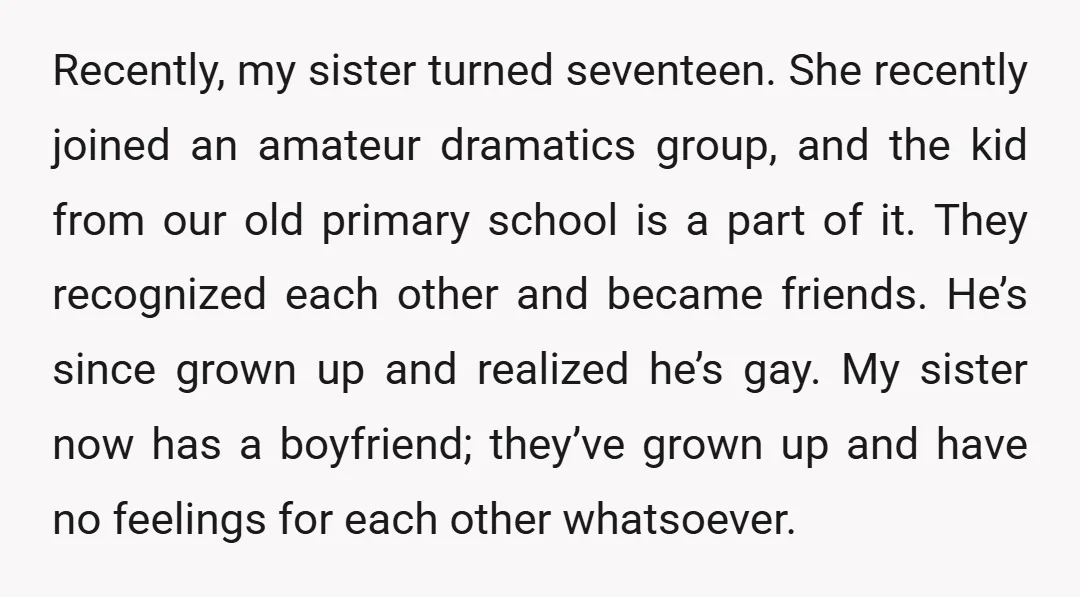 Recently, my sister turned seventeen. She recently joined an amateur dramatics group, and the kid from our old primary school is a part of it. They recognized each other and...