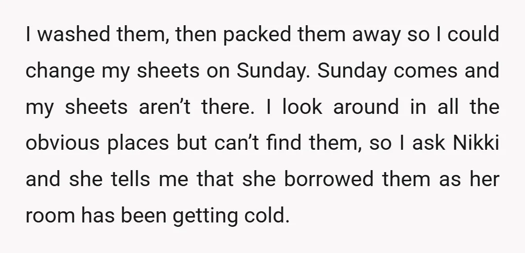 I washed them, then packed them away so I could change my sheets on Sunday. Sunday comes and my sheets aren’t there. I look around in all the obvious places...