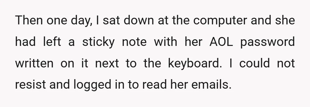 Then one day, I sat down at the computer and she had left a sticky note with her AOL password written on it next to the keyboard. I could not...