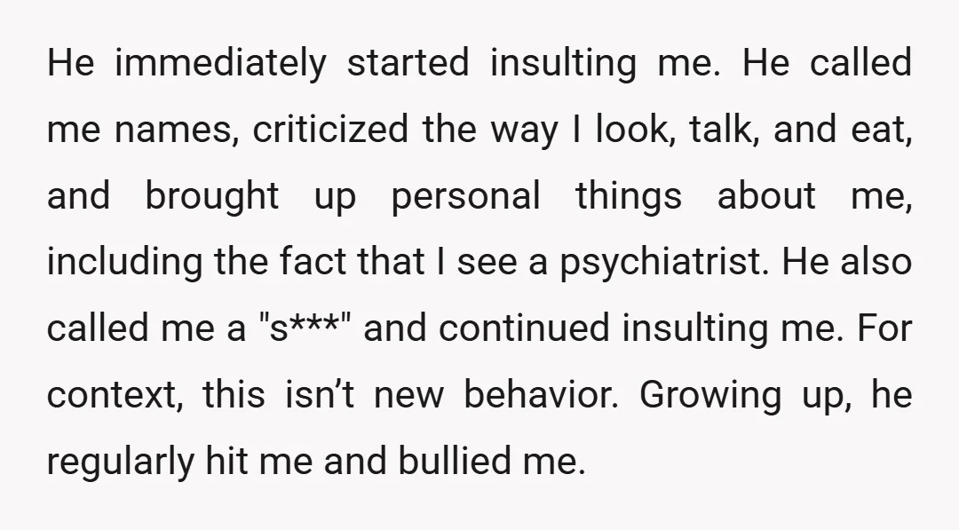 He immediately started insulting me. He called me names, criticized the way I look, talk, and eat, and brought up personal things about me, including the fact that I see...