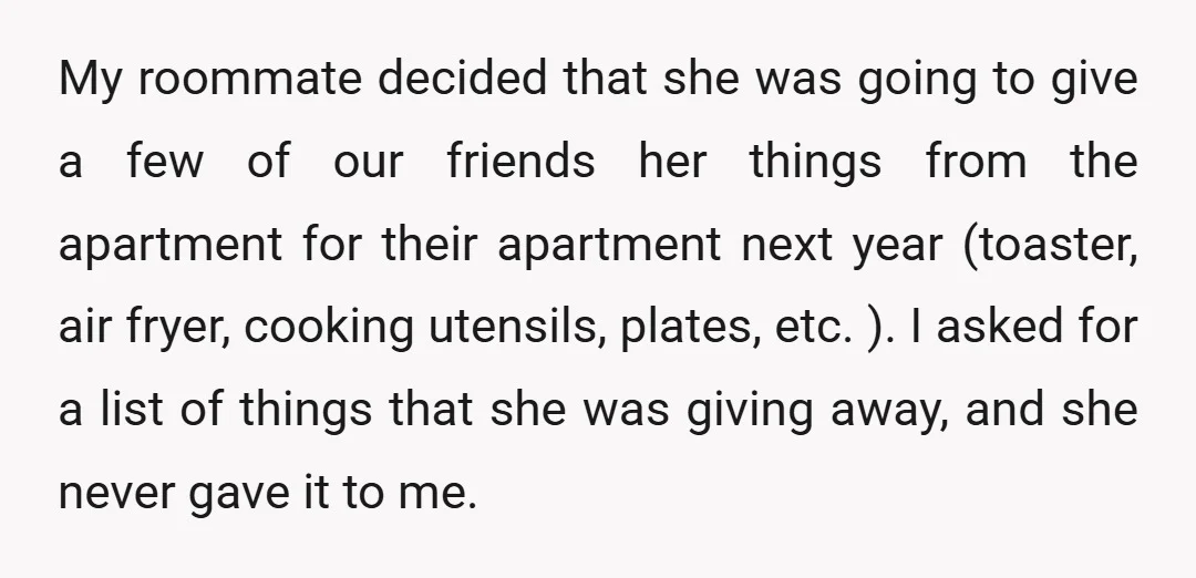 My roommate decided that she was going to give a few of our friends her things from the apartment for their apartment next year (toaster, air fryer, cooking utensils, plates,...