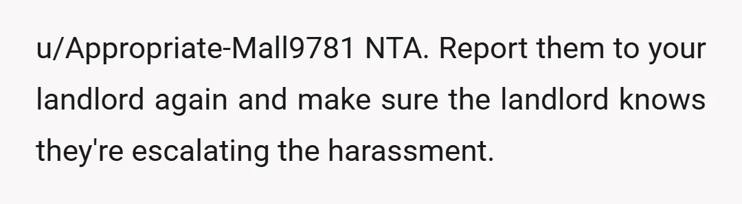 u/Appropriate-Mall9781
NTA.
Report them to your landlord again and make sure the landlord knows they're escalating the harassment.