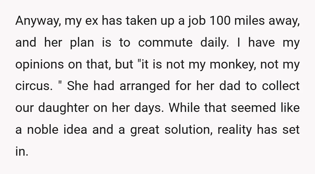 Anyway, my ex has taken up a job 100 miles away, and her plan is to commute daily. I have my opinions on that, but "it is not my monkey,...