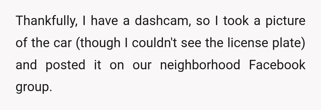 Thankfully, I have a dashcam, so I took a picture of the car (though I couldn't see the license plate) and posted it on our neighborhood Facebook group.