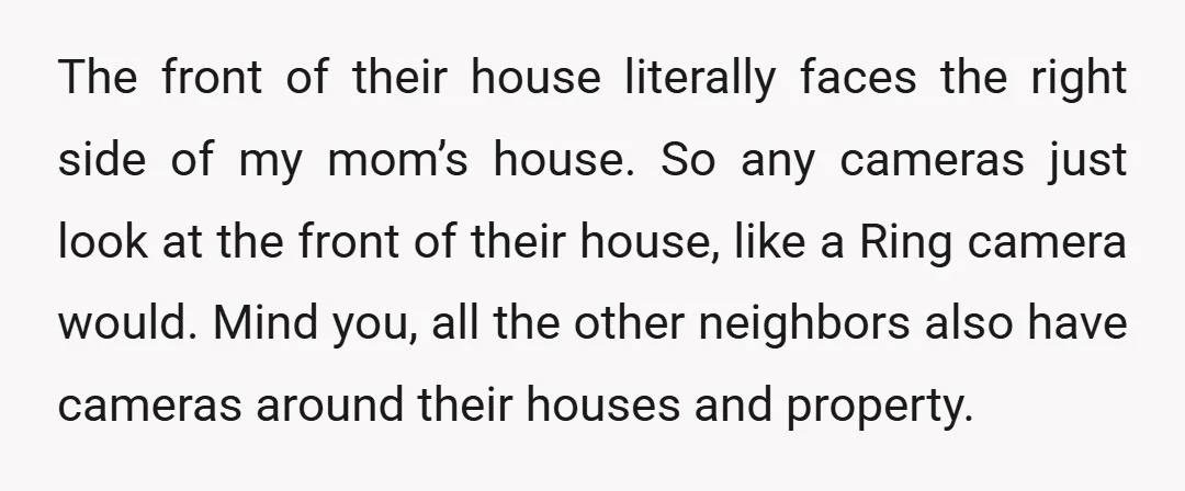 The front of their house literally faces the right side of my mom’s house. So any cameras just look at the front of their house, like a Ring camera would....