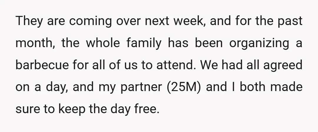 They are coming over next week, and for the past month, the whole family has been organizing a barbecue for all of us to attend. We had all agreed on...