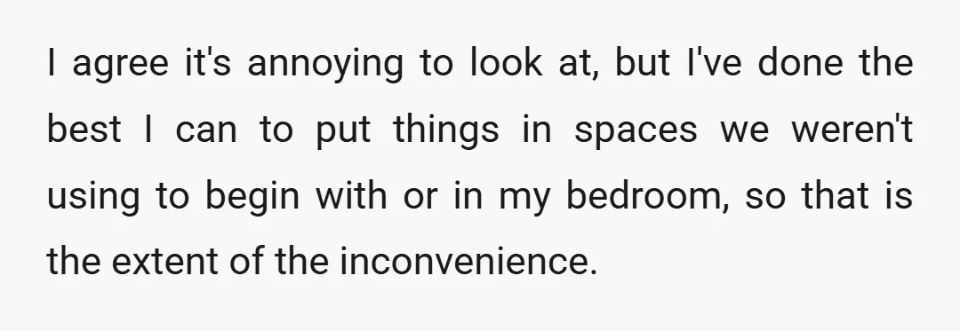 I agree it's annoying to look at, but I've done the best I can to put things in spaces we weren't using to begin with or in my bedroom, so...