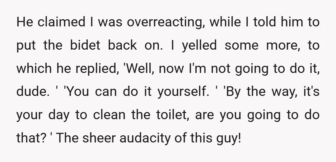 He claimed I was overreacting, while I told him to put the bidet back on. I yelled some more, to which he replied, 'Well, now I'm not going to do...