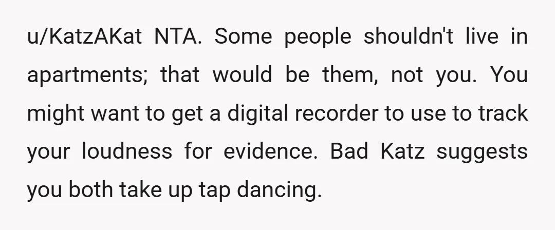 u/KatzAKat NTA. Some people shouldn't live in apartments; that would be them, not you. You might want to get a digital recorder to use to track your loudness for evidence....