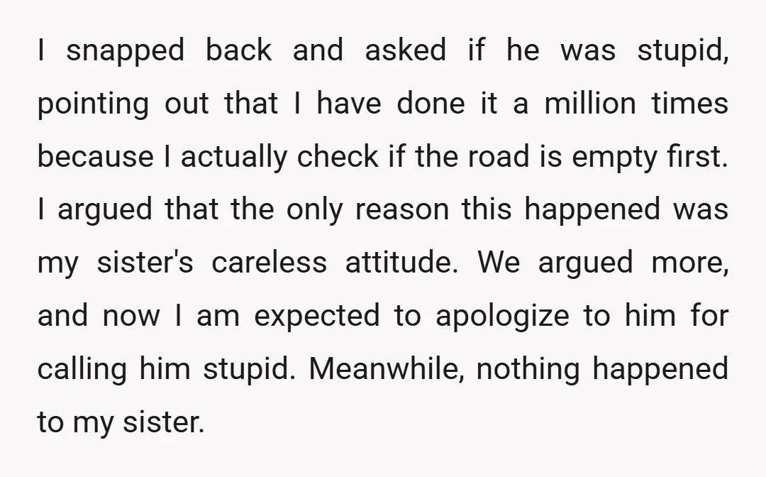 I snapped back and asked if he was stupid, pointing out that I have done it a million times because I actually check if the road is empty first. I...