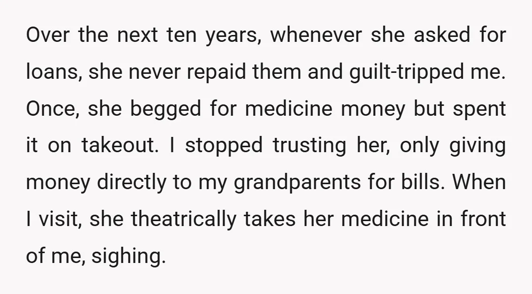 Over the next ten years, whenever she asked for loans, she never repaid them and guilt-tripped me. Once, she begged for medicine money but spent it on takeout. I stopped...