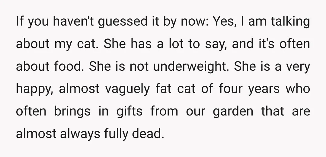 If you haven't guessed it by now: Yes, I am talking about my cat. She has a lot to say, and it's often about food. She is not underweight. She...