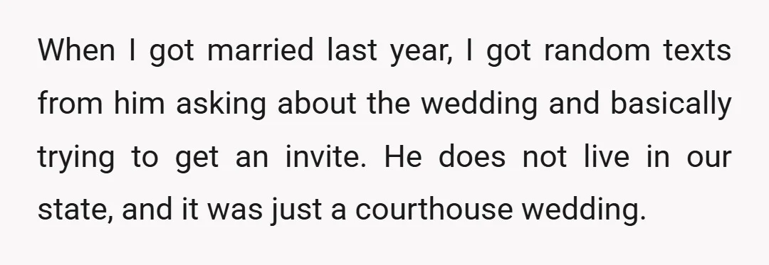 When I got married last year, I got random texts from him asking about the wedding and basically trying to get an invite. He does not live in our state,...