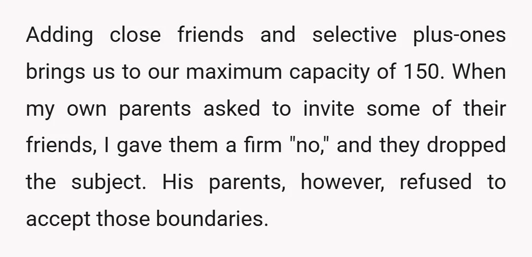Adding close friends and selective plus-ones brings us to our maximum capacity of 150. When my own parents asked to invite some of their friends, I gave them a firm...