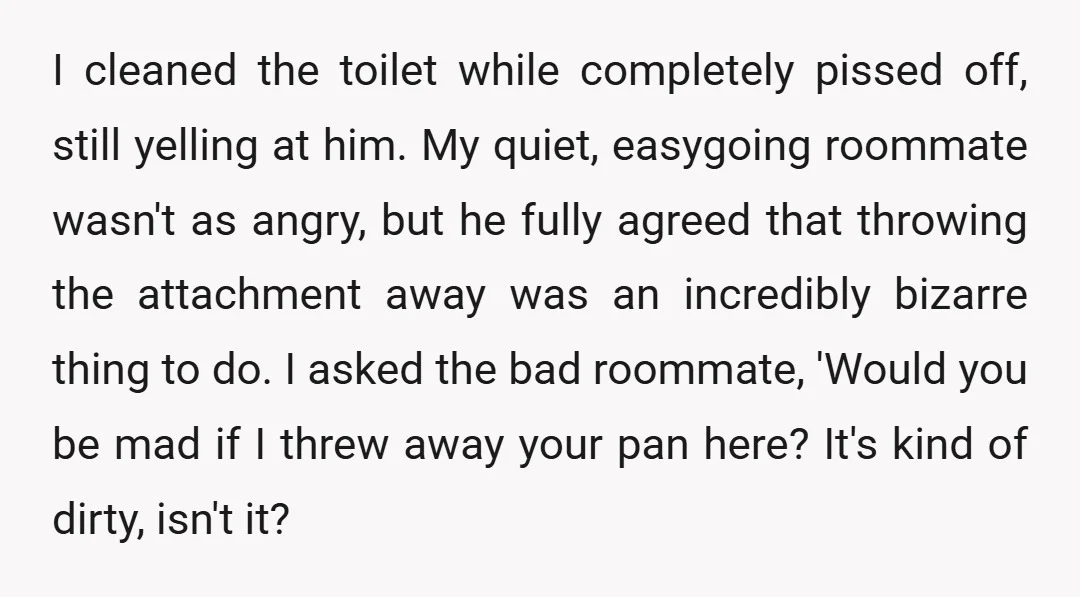 I cleaned the toilet while completely pissed off, still yelling at him. My quiet, easygoing roommate wasn't as angry, but he fully agreed that throwing the attachment away was an...