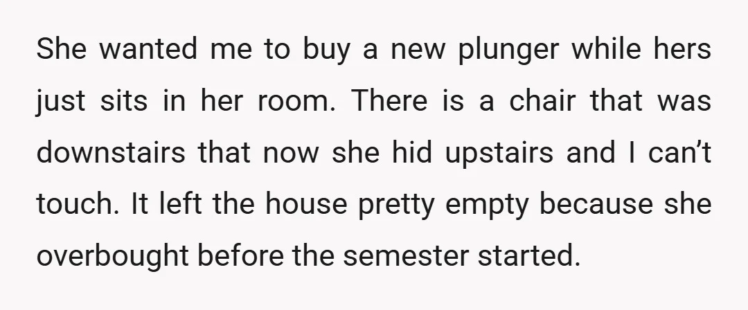 She wanted me to buy a new plunger while hers just sits in her room. There is a chair that was downstairs that now she hid upstairs and I can’t...