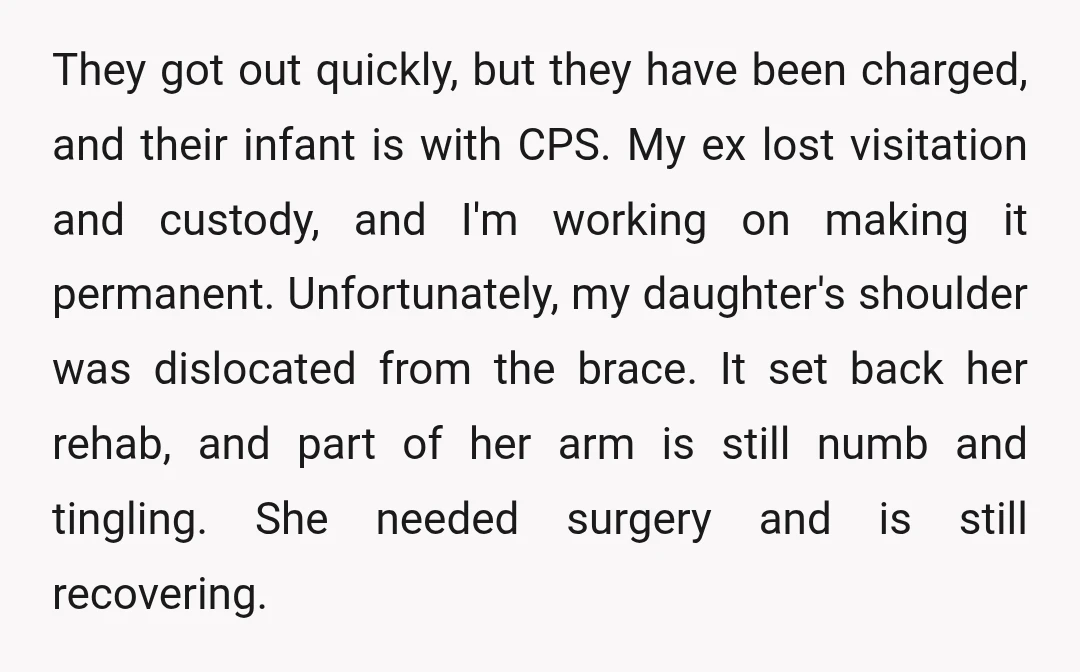 They got out quickly, but they have been charged, and their infant is with CPS. My ex lost visitation and custody, and I'm working on making it permanent. Unfortunately, my...