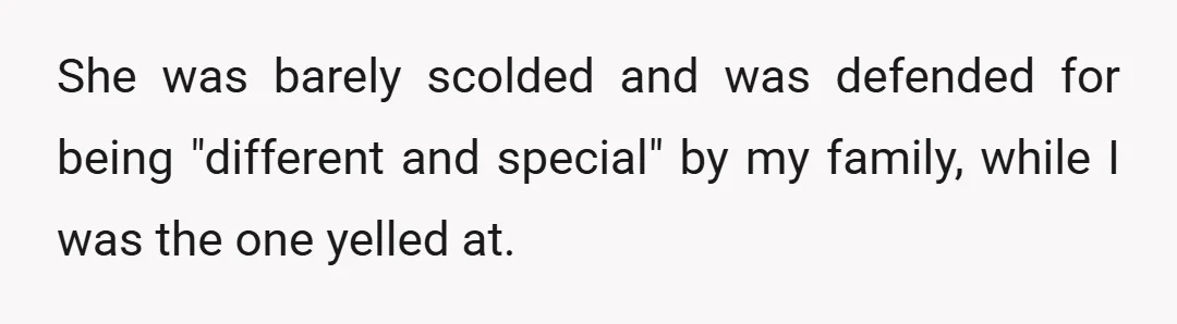 She was barely scolded and was defended for being "different and special" by my family, while I was the one yelled at.