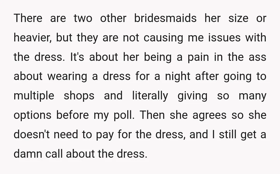 There are two other bridesmaids her size or heavier, but they are not causing me issues with the dress. It's about her being a pain in the ass about wearing...