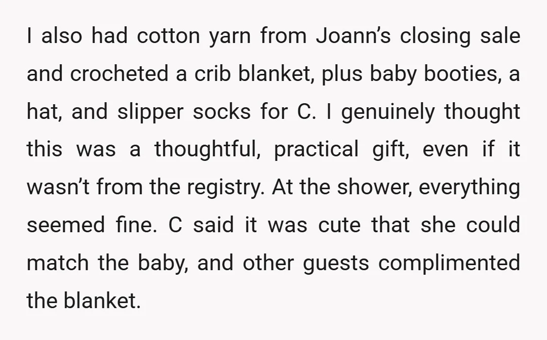 I also had cotton yarn from Joann’s closing sale and crocheted a crib blanket, plus baby booties, a hat, and slipper socks for C. I genuinely thought this was a...