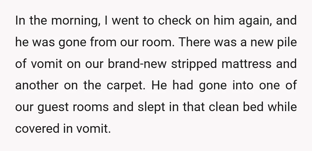 In the morning, I went to check on him again, and he was gone from our room. There was a new pile of vomit on our brand-new stripped mattress and...