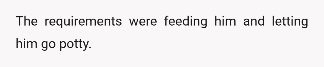 The requirements were feeding him and letting him go potty.