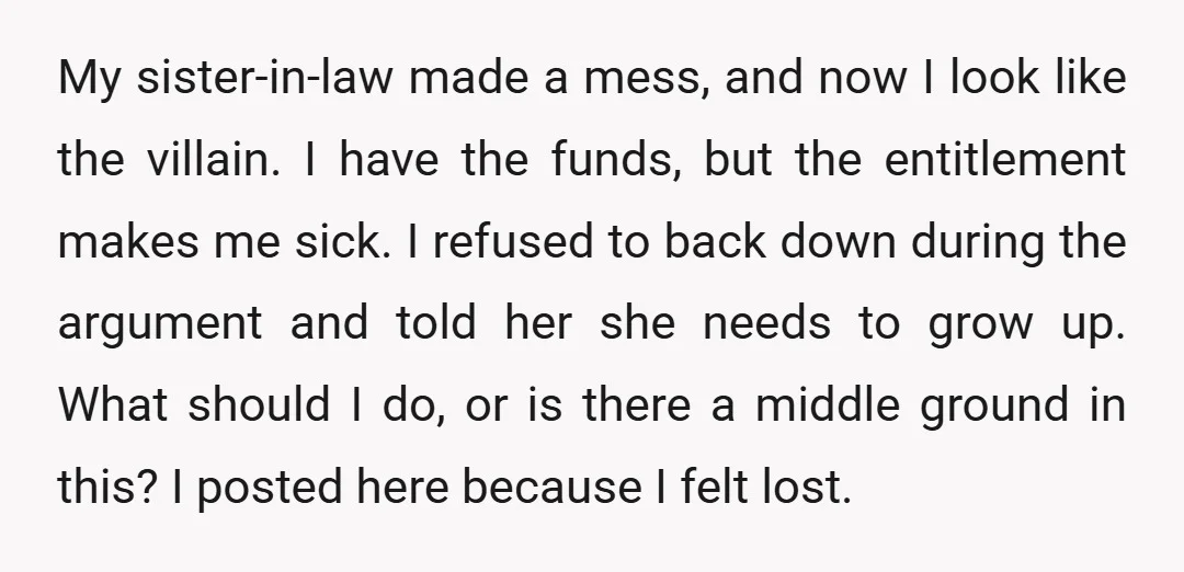 My sister-in-law made a mess, and now I look like the villain. I have the funds, but the entitlement makes me sick. I refused to back down during the argument...