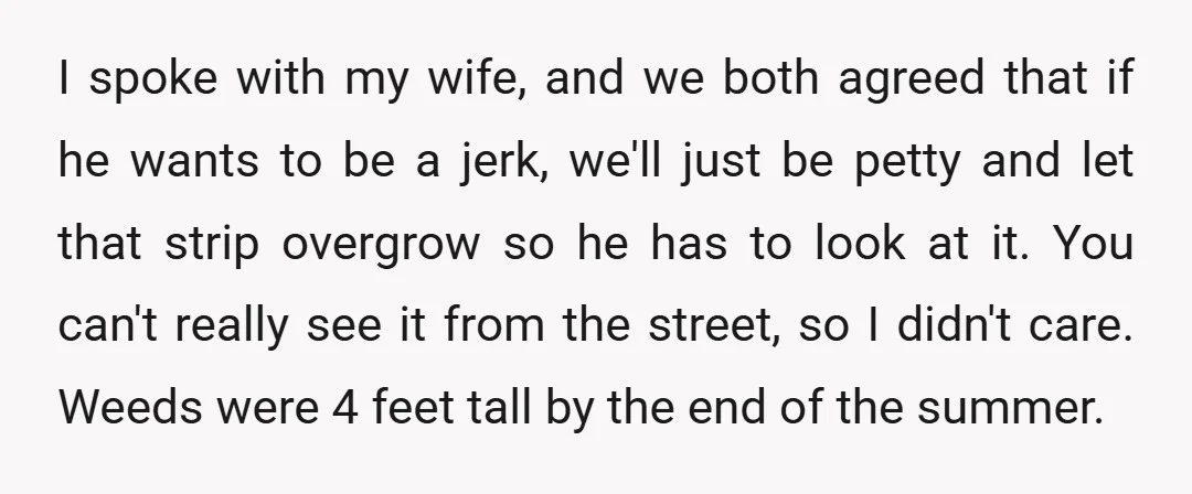 I spoke with my wife, and we both agreed that if he wants to be a jerk, we'll just be petty and let that strip overgrow so he has to...