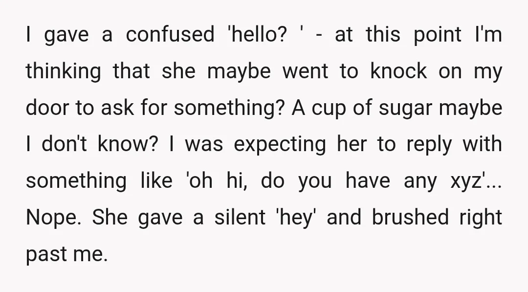I gave a confused 'hello? ' - at this point I'm thinking that she maybe went to knock on my door to ask for something? A cup of sugar maybe...