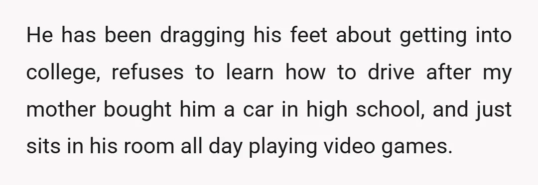 He has been dragging his feet about getting into college, refuses to learn how to drive after my mother bought him a car in high school, and just sits in...
