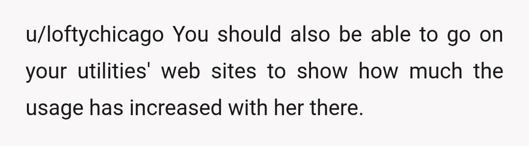 u/loftychicago
You should also be able to go on your utilities' web sites to show how much the usage has increased with her there.