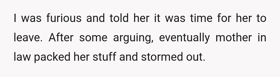 I was furious and told her it was time for her to leave. After some arguing, eventually mother in law packed her stuff and stormed out.